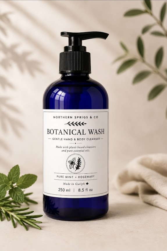 A 250ml cobalt blue bottle of Northern Sprigs & Co Botanical Wash Pure Mint + Rosemary scent with a black pump dispenser, styled on a beige surface with green leaves and a soft beige towel in the background.